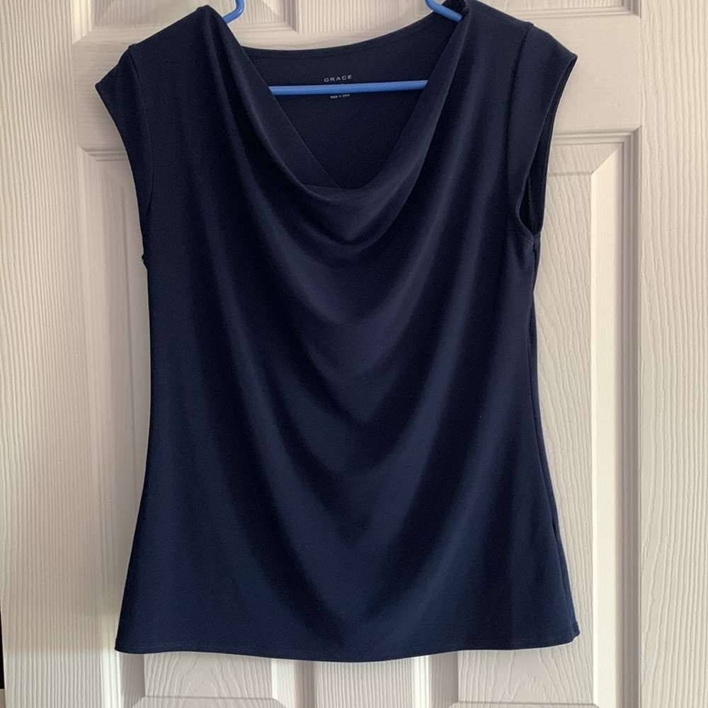 GRACE navy blue cowl neck sleeveless blouse, Medium